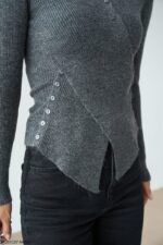 Grey ribbed sweater with wrap design