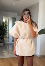 belted fur poncho with epaulettes