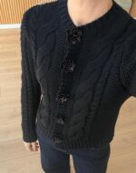 Black cable knit cardigan with floral buttons - Image 4