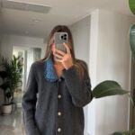 Grey sweater with denim collar