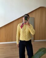 Yellow cable knit cardigan with floral buttons - Image 2