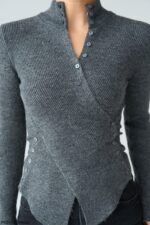 Grey ribbed sweater with wrap design - Image 3