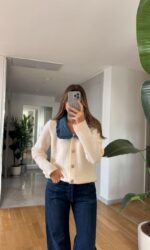 Off white sweater with denim collar - Image 2