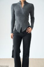 Grey ribbed sweater with wrap design - Image 2