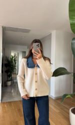 Off white sweater with denim collar