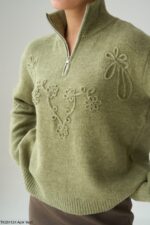 Olive green sweater with design - Image 2