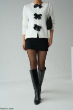 White Knit Cardigan with Black Bows - Image 3