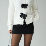 White Knit Cardigan with Black Bows
