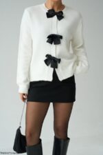White Knit Cardigan with Black Bows
