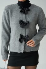Grey Knit Cardigan with Black Bows - Image 2