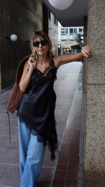 Black satin top with black lace