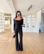 Gold Button Detailed Spanish Leg Fabric Trousers