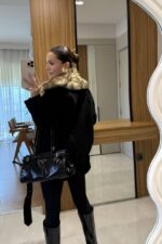 Faux fur collar black coat - Image 2