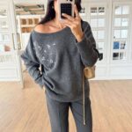 Gray Off Shoulder Sweater With Pearl Detail