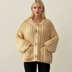 Dilvin Beige Chunky Knit Button Cardigan