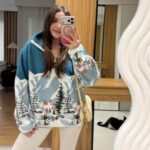 Blue Fleece Mountain Print Pullover Sweater