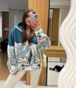 Blue Fleece Mountain Print Pullover Sweater