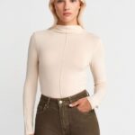 Dilvin Beige Long Sleeve Turtleneck Top