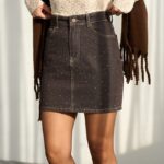 Studded denim mini skirt brown