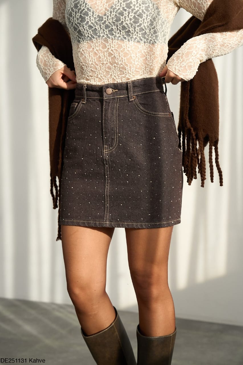 449b0c13-79b4-48e3-8050-01916761ca72 Studded denim mini skirt brown - Image 1