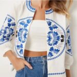 White Blue Floral Embroidered