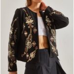 Black Embroidered Cropped Jacket for Women