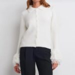 White Button-Up Cardigan With Fringe Cuffs