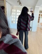 Burgundy and Gray Striped Turtleneck Sweater - Image 3