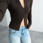 Brown Zip Front Long Sleeve Top