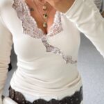 Ivory Lace Trim Long Sleeve Blouse