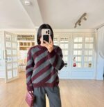 Burgundy and Gray Striped Turtleneck Sweater - Image 2