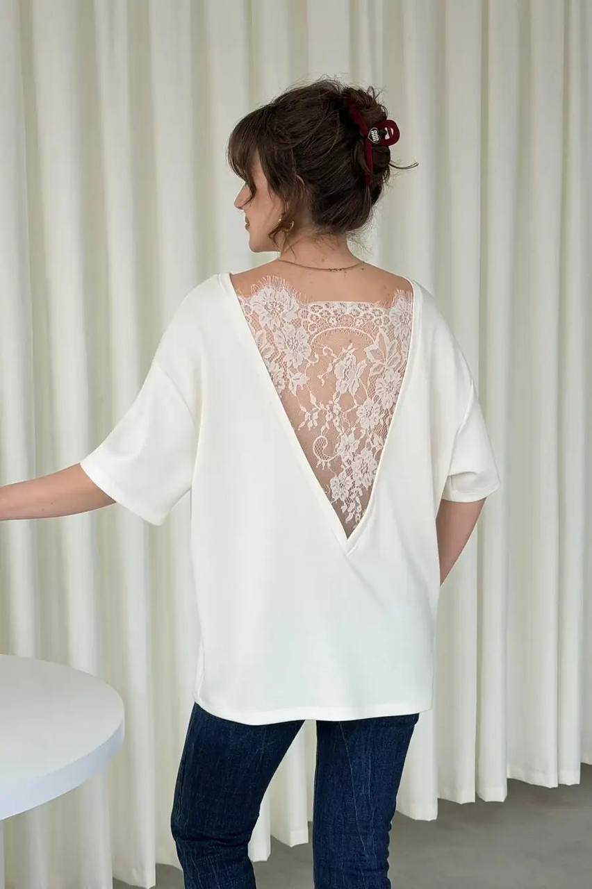 0f8703ed-5ec0-4d83-a554-10900e8b863d White Lace Back Short Sleeve Top - Image 1