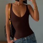 Brown Deep V-Neck Bodysuit