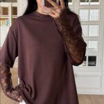 Brown Long Sleeve Top With Lace Detail