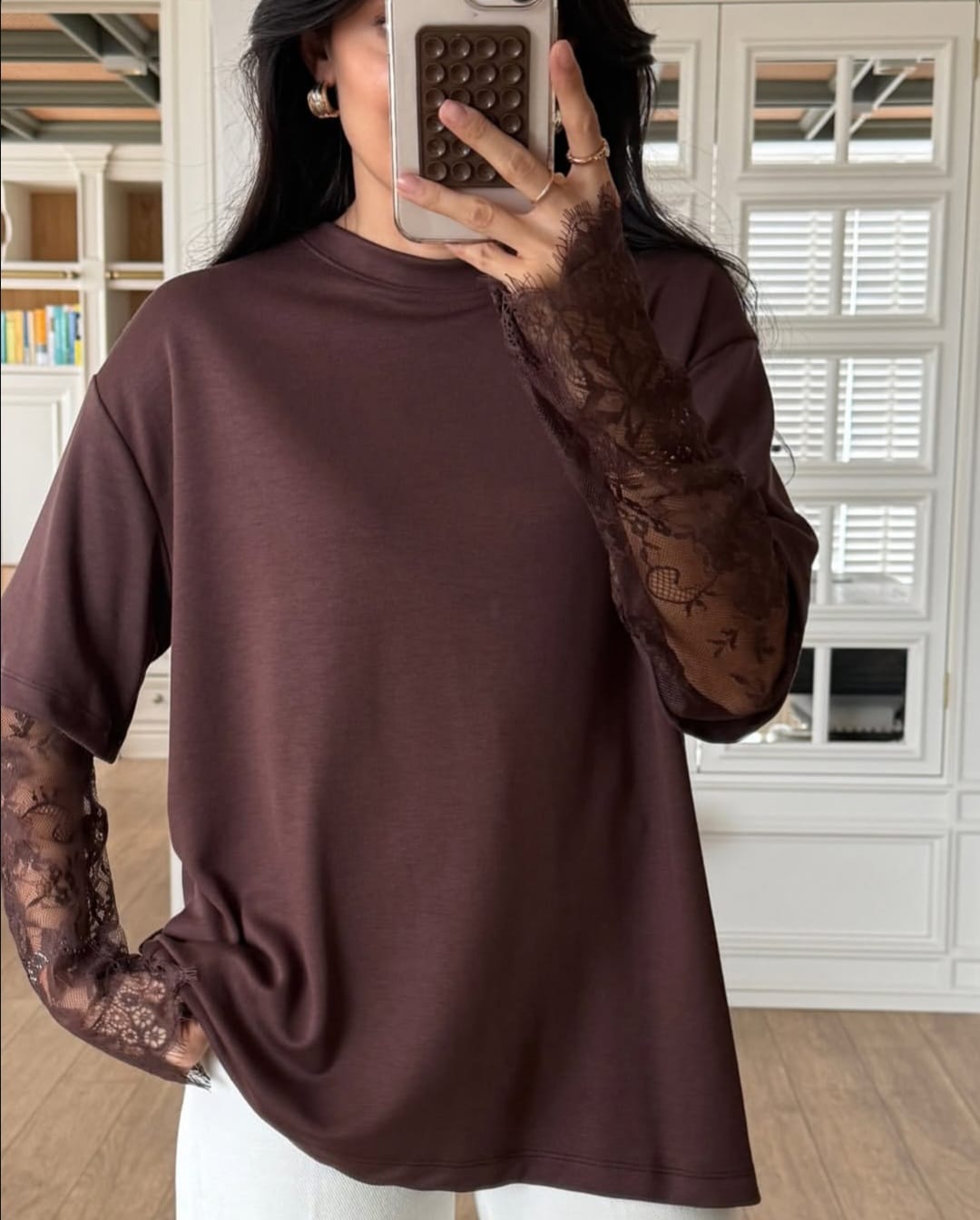 6d3618f0-4634-4ce8-9578-2f4f74cd36a8 Brown Long Sleeve Top With Lace Detail - Image 1