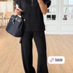 Black Short Sleeve Top With Pants Set